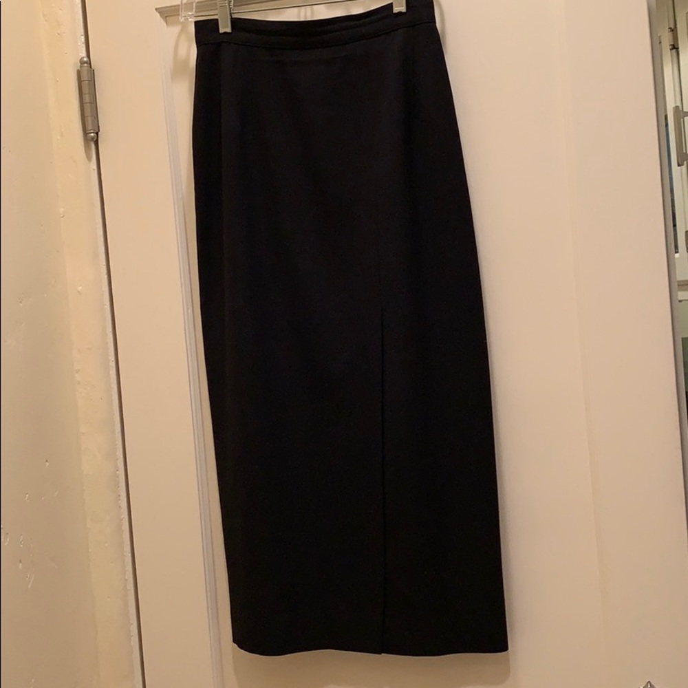 Long black maxi length fitted 100% wool skirt